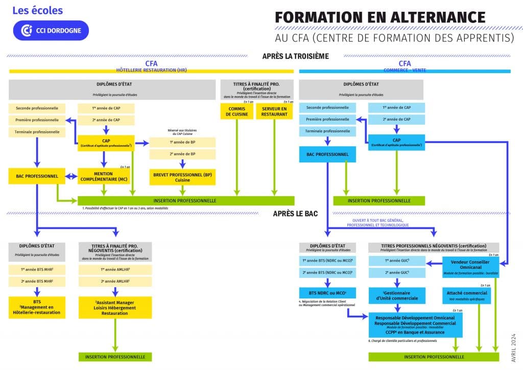 Schéma représentant le parcours de formation en CFA des Écoles CCI Dordogne