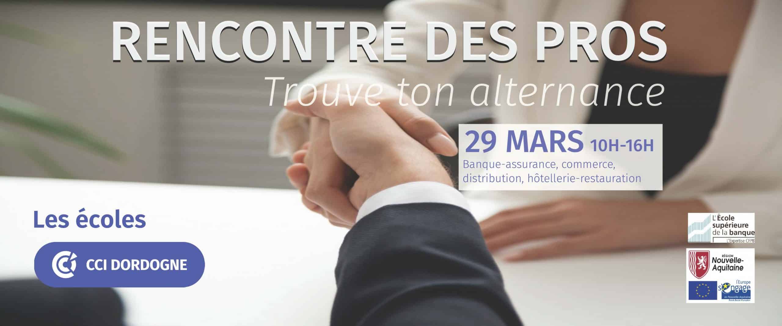 Une rencontre des pros spécial alternance est organisé aux Écoles CCI Dordogne le 29 mars de 10H à 16H pour mettre en relation jeunes et entreprises ! Tu veux devenir banquier, assureur, cuisinier, chef de rang, vendeur, community manager, responsable commercial, responsable de rayon, réceptionniste, serveur en restaurant, chef de secteur, manager hôtelier, employé libre-service, conseiller de vente, ... etc. ? Tu es phénoménal, tu as un peu d’égo, tu as du goût, tu es déjà accro au boulot, et surtout tu es bien décidé à booster ton destin ? Bienvenue chez toi aux Écoles CCI Dordogne et dans nos entreprises partenaires ! Plus qu’une chose à faire : balance ton CV et inscris toi en ligne pour participer au job dating !