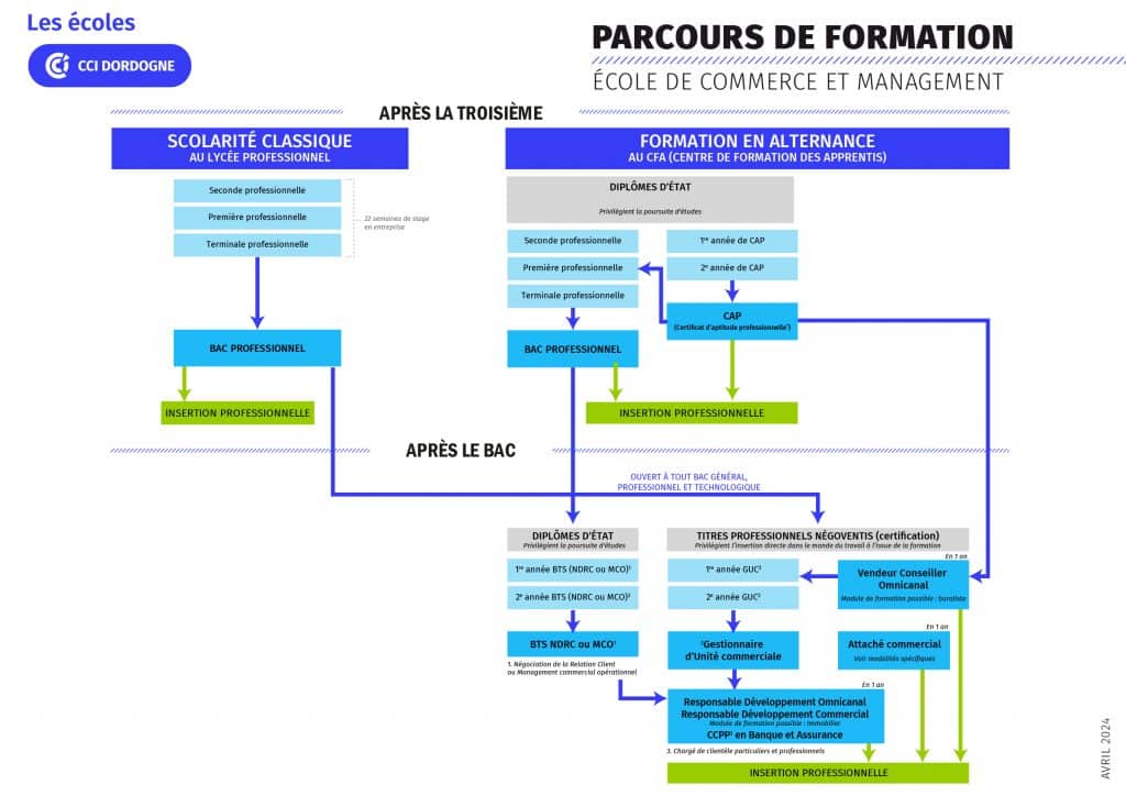 Schéma représentant le parcours de formation de l'École de commerce et management des Écoles CCI Dordogne